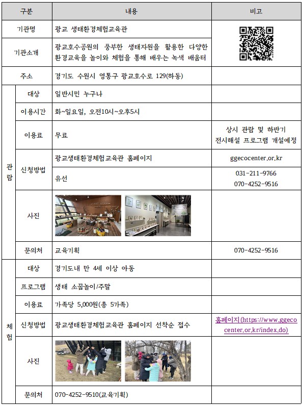 경기도 수원시 영통구 광교호수공원에 위치한 광교생태환경체험교육관을 소개하고 있다 문의처는 031 211 9766 입니다