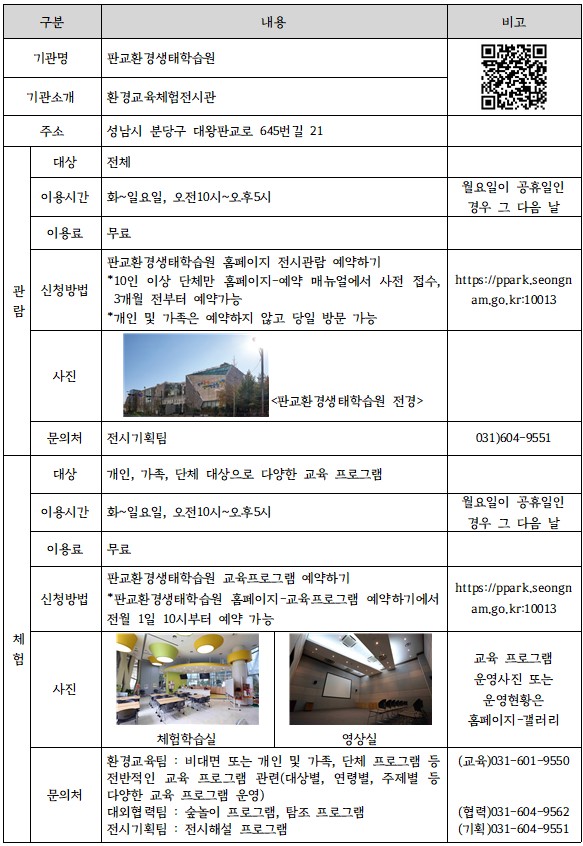 판교환경생태학습원 소개합니다 문의처는 031 604 9551 입니다